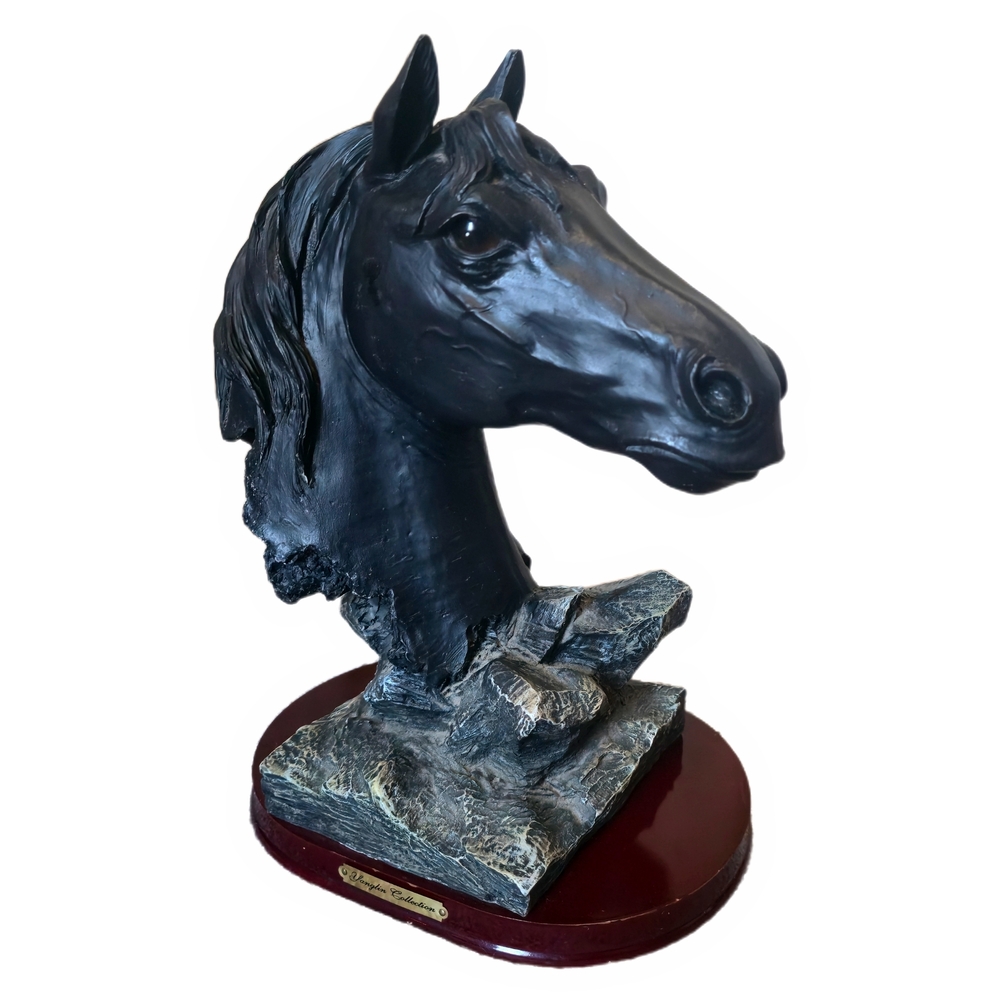 Black Horse Head Bust Sculpture on Wood Base - Decorative Home Art 12" Tall - Picture 2 of 10